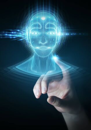 Businessman on dark background using digital artificial intelligence head interface 3D renderingの写真素材