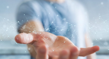 Businessman on blurred background using floating digital network connections with dots and lines 3D...