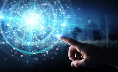 Businessman hand on dark background creating renewable and sustainable eco energy with electrical sphere 3D renderingの写真素材