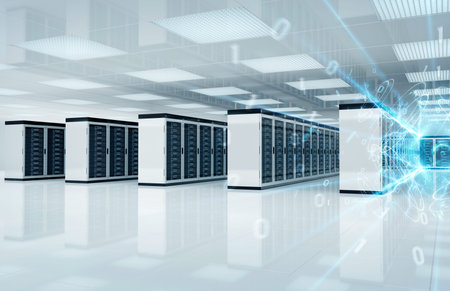 Connection network in white servers data center room storage systems 3D rendering