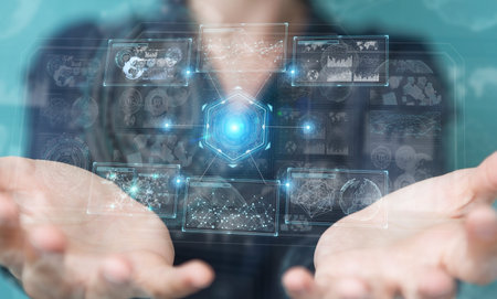 Woman on blurred background using digital technological interface with datas 3D rendering