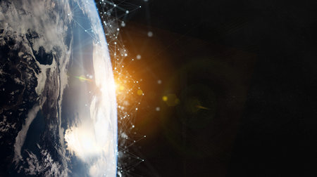 Satellites sending datas exchanges and futuristic connections system over the globe 3D rendering