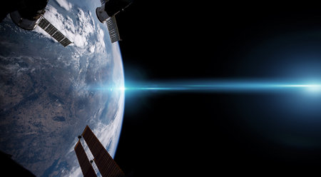 View of blue planet Earth from a space station window during a sunrise 3D rendering