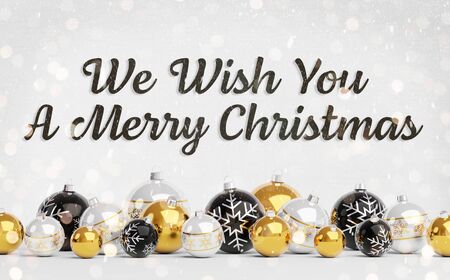 Christmas card greetings with golden black and white christmas baubles on white background 3D renderingの写真素材