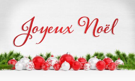 Christmas card greetings with red and white christmas baubles on wooden background 3D rendering in Frenchの写真素材