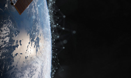 Satellites sending datas exchanges and futuristic connections system over the globe 3D rendering