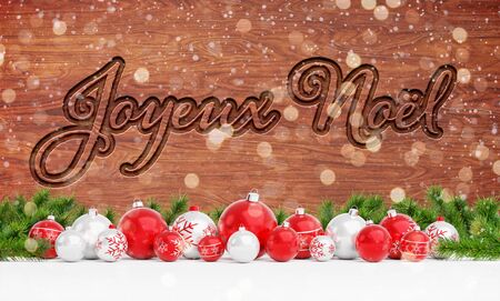 Christmas card greetings with carved wood and red decorations 3D rendering in Frenchの写真素材