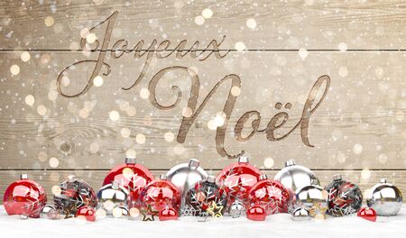 Christmas card greetings with carved wood and red decorations 3D rendering in Frenchの写真素材