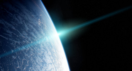 View of blue planet Earth close up with atmosphere during a sunrise 3D rendering