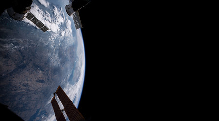 View of blue planet Earth from a space station window during a sunrise 3D rendering