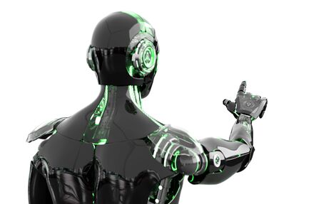Black and green intelligent robot cyborg pointing finger on white background 3D renderingの写真素材
