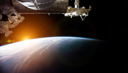 View of blue planet Earth from a space station window during a sunrise 3D rendering