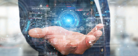 Businessman on blurred background using digital technological interface with datas 3D rendering