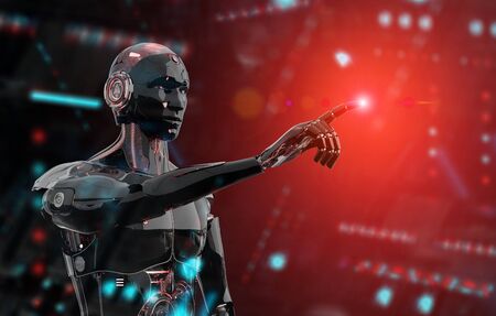 Black and red intelligent robot cyborg pointing finger on dark background 3D renderingの写真素材