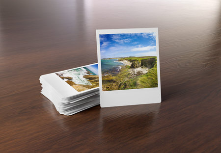 Stack of instant photos on wooden surface Mockup 3D rendering