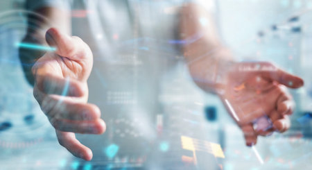 Businessman on blurred background using digital technological interface with datas 3D rendering