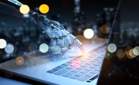 Cyborg hand pressing a keyboard on a laptop in dark blue background 3D rendering