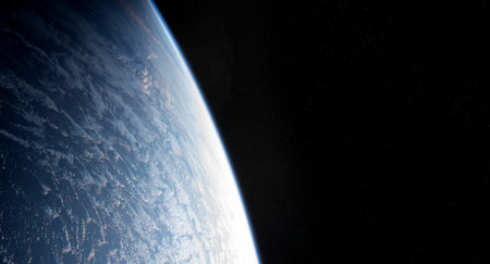 View of blue planet Earth close up with atmosphere during a sunrise 3D rendering elements of this...