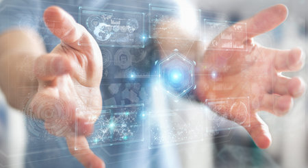 Businessman on blurred background using digital technological interface with datas 3D rendering