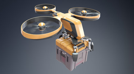 Modern delivery drone delivering parcel on grey background 3D rendering