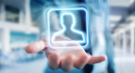 Man on blurred background using digital blue holographic user interface 3D rendering