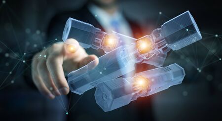 Man on dark background holding and touching green renewable energy battery 3D renderingの写真素材