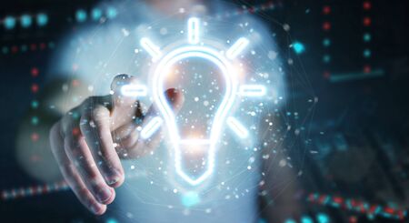 Man on dark background using lightbulb neon digital interface 3D renderingの写真素材