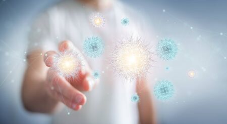 Man on blurred background analyzing bacteria with digital holographic projection close-up 3D renderingの写真素材