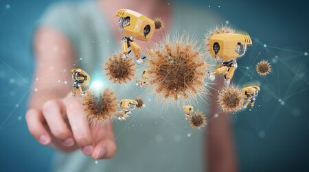 Woman on blurred background holding and touching futuristic nanorobot working on virus 3D renderingの写真素材