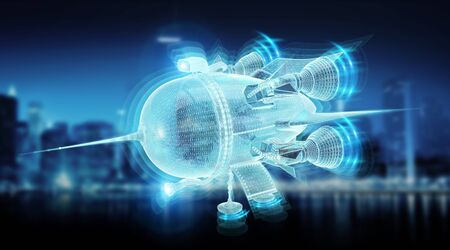 Holographic spaceship rocket projection on blue background 3D renderingの写真素材