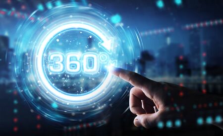 Man hand on dark background using 360 degree virtual reality neon interface 3D renderingの写真素材
