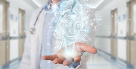 Scientist on blurred background using digital artificial intelligence holographic projection 3D renderingの写真素材