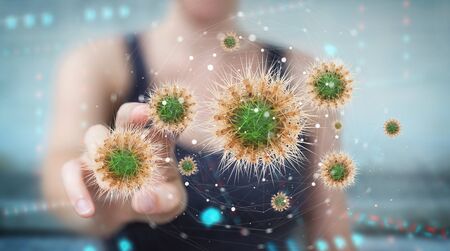 Woman on blurred background analyzing bacteria on microscopic close-up 3D renderingの写真素材