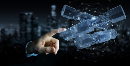 Man hand on dark background holding and touching green renewable energy battery 3D rendering