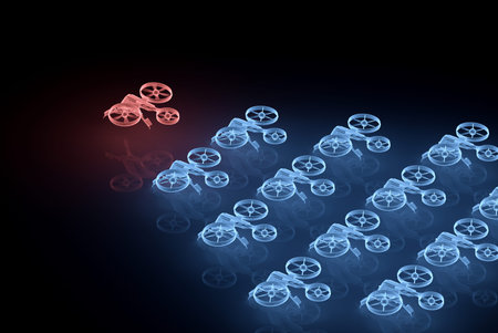 Holographic red drone projection leading blue drones leadership concept 3D rendering