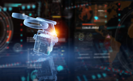 Holographic blue delivery drone projection delivering parcel on dark background 3D rendering