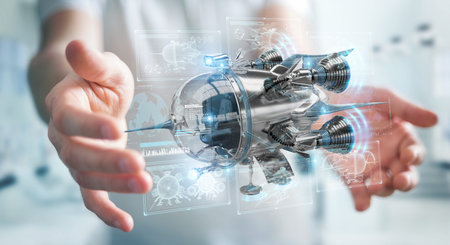Businessman on blurred background holding retro spaceship in his hands 3D rendering