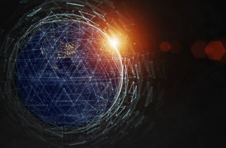 Global data exchanges and futuristic connections system over the globe 3D renderingの写真素材