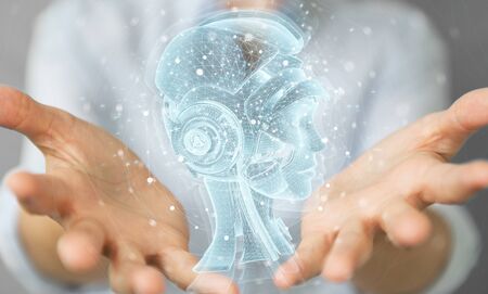 Woman on blurred background using digital artificial intelligence holographic projection 3D renderingの写真素材
