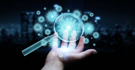 Man on dark background analyzing holographic cell projection through magnifying glass 3D renderingの写真素材