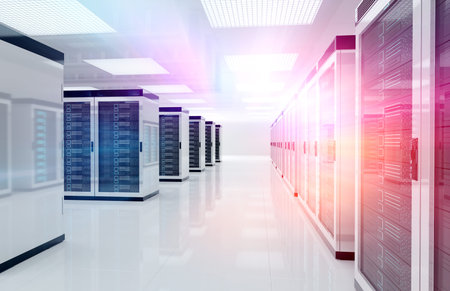 Servers data center room with bright speed light going through the corridor 3D rendering