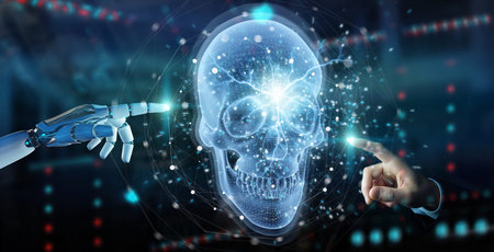 Robot hand on blurred background using digital x-ray skull holographic scan projection 3D rendering
