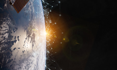 Satellites sending data exchanges and futuristic connections system over the globe 3D rendering