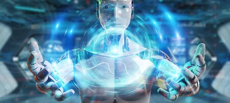 White humanoid robot on blurred background creating new futuristic energy power source 3D renderingの写真素材