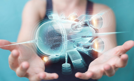 Woman on blurred background holding holographic spaceship projection in her hands 3D rendering