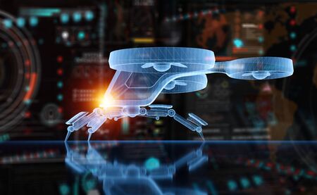 Holographic blue drone digital projection on dark background 3D renderingの写真素材