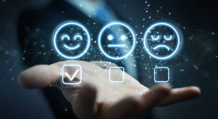 Man on dark background using customer satisfaction rating interface 3D renderingの写真素材