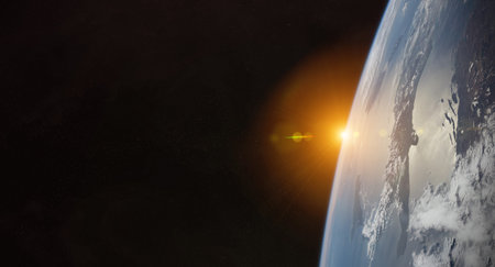 View of blue planet Earth close up with atmosphere during a sunrise 3D rendering elements of this...