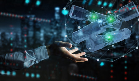 Man hand on dark background holding and touching green renewable energy battery 3D rendering