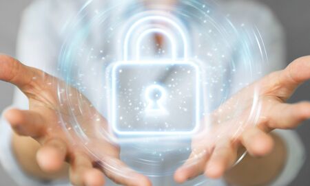 Woman on blurred background using digital web protection blue holographic interface 3D renderingの写真素材